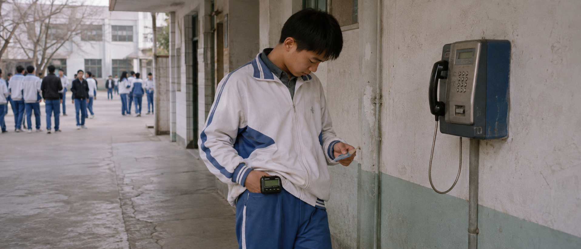 校园公用电话旁，带着BP机的学生拿着电话卡